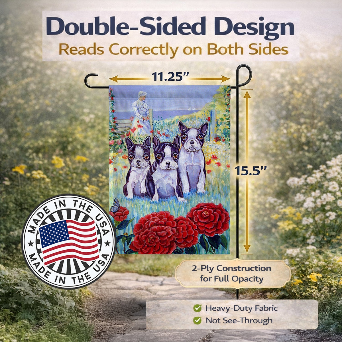 Boston Terrier Three in a Row Garden Flag – Decorative Outdoor Yard Flag