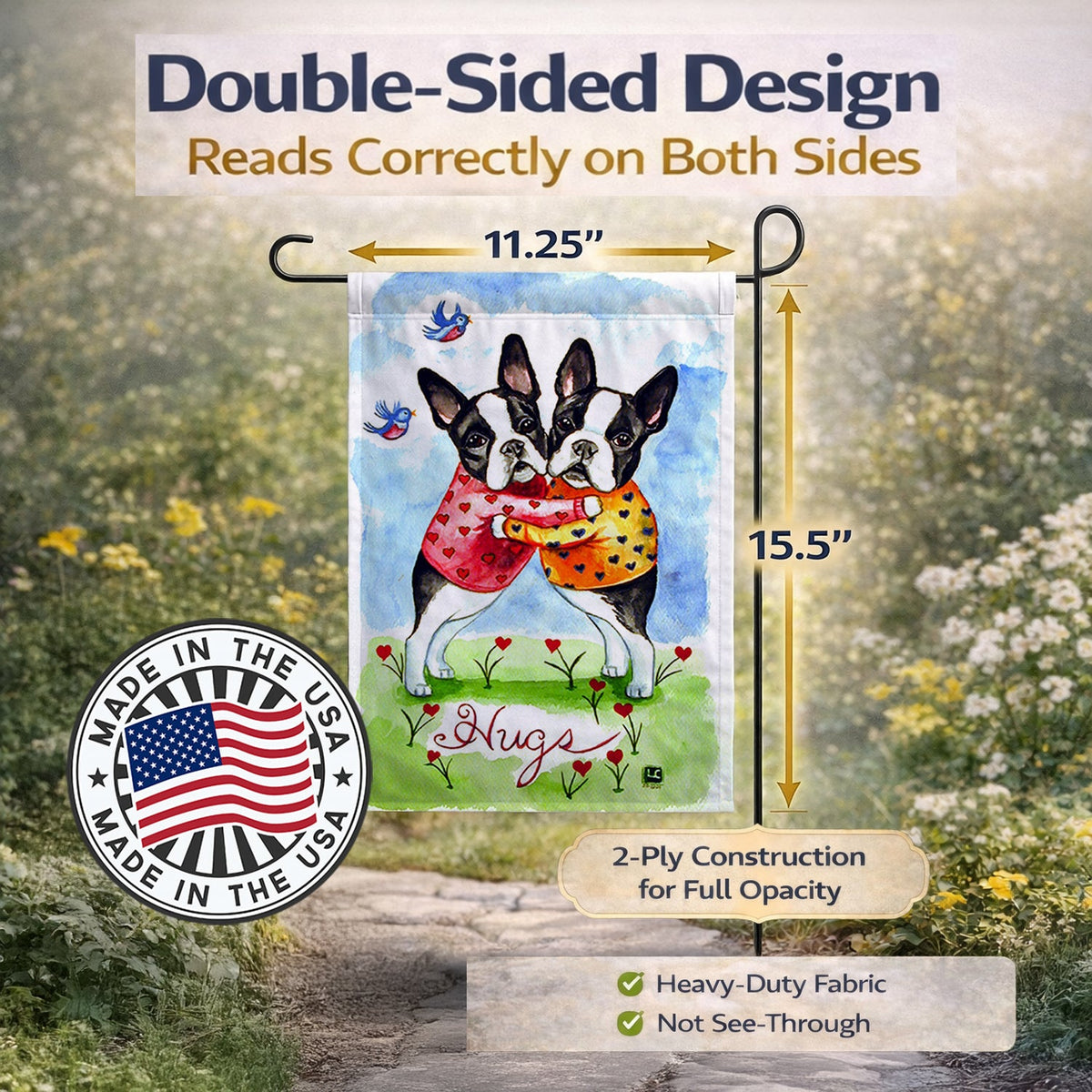 Hugs Boston Terrier Garden Flag – Decorative Outdoor Yard Flag