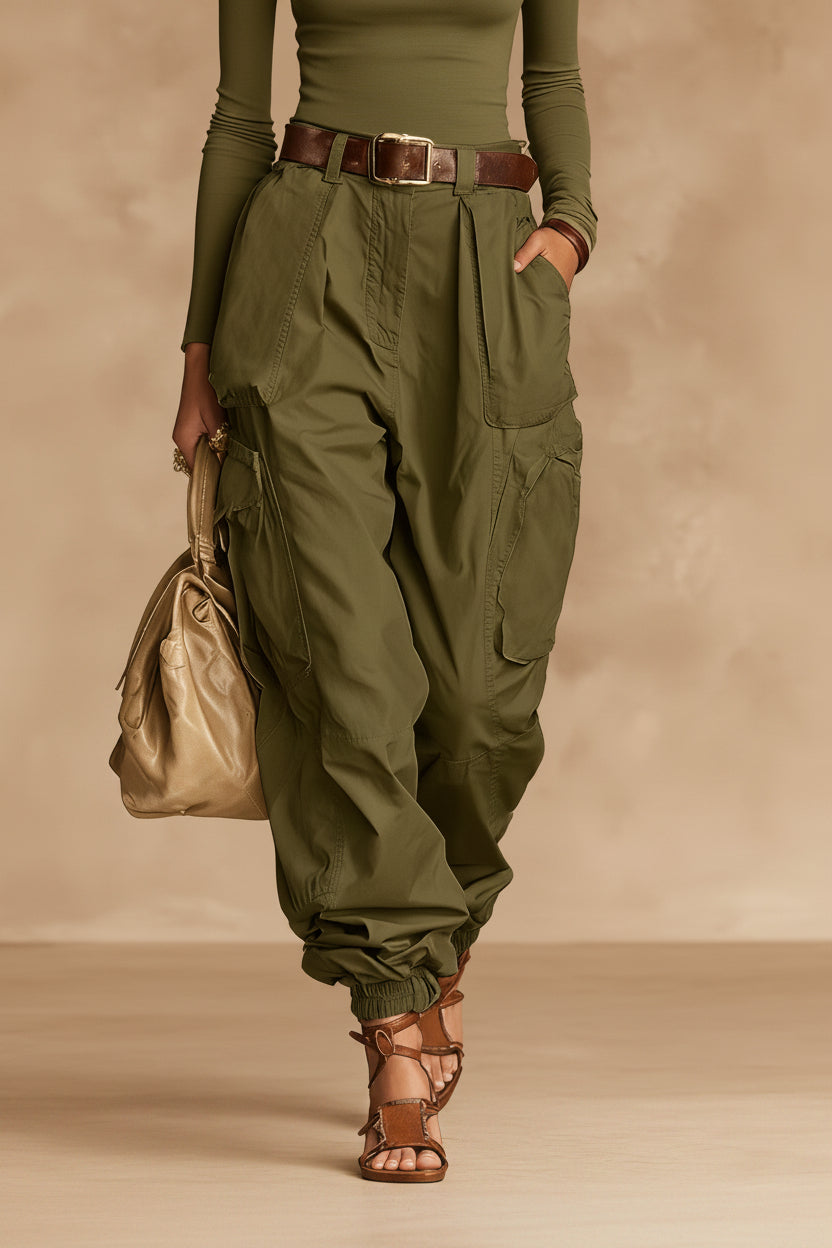Women's High-Waist Cargo Parachute Pants with Elastic Ankle Cuffs