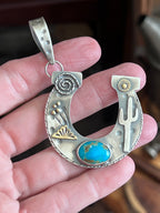 Kimari Somers Hand Stamped Sterling Silver Sonoran Desert Horseshoe Pendant with Brass & Royston Turquoise
