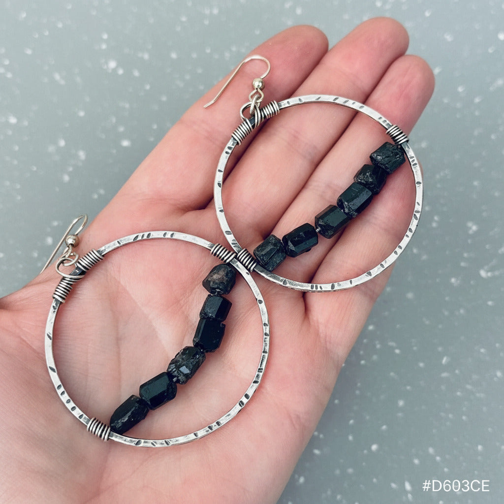 Silver Hoop Black Tourmaline - Bohemian | Handmade by Blackbird & Sage