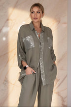 Women's Sequin Pocket & Placket Oversized Shirt & Wide-Leg Pants Set