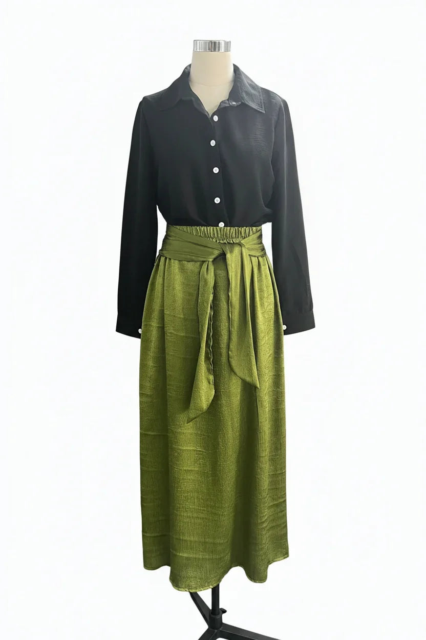 Button-Down Shirt & High-Waist Tie Skirt Two-Piece Set