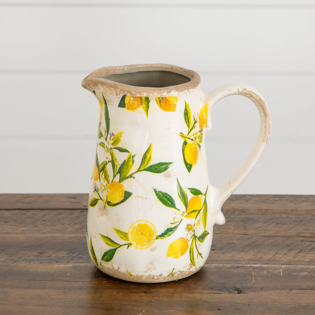 7.5” Lemon Print Ceramic Rustic Jug Vase - Che Cose Belle