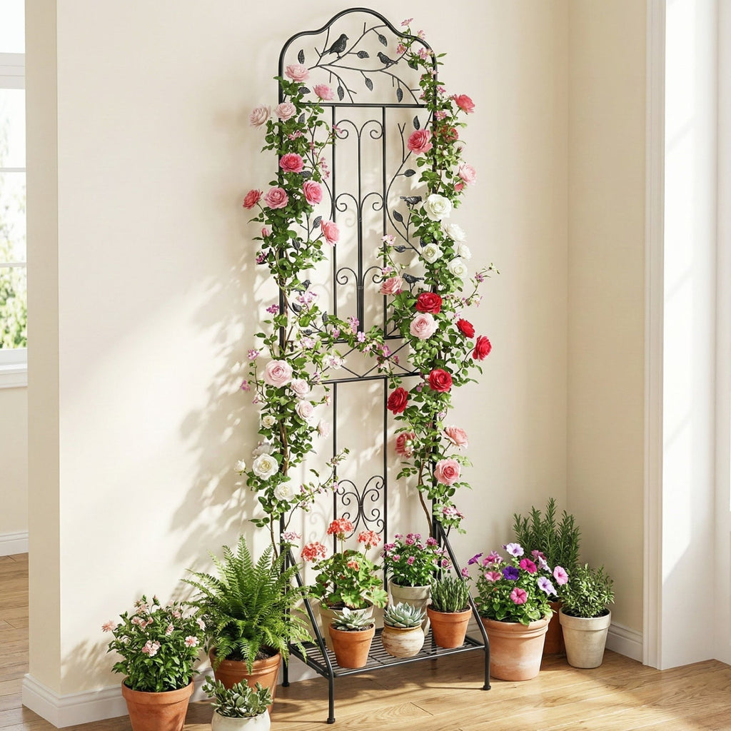 Metal Garden Trellis with Foldable Shelf 75 x 20 Inch