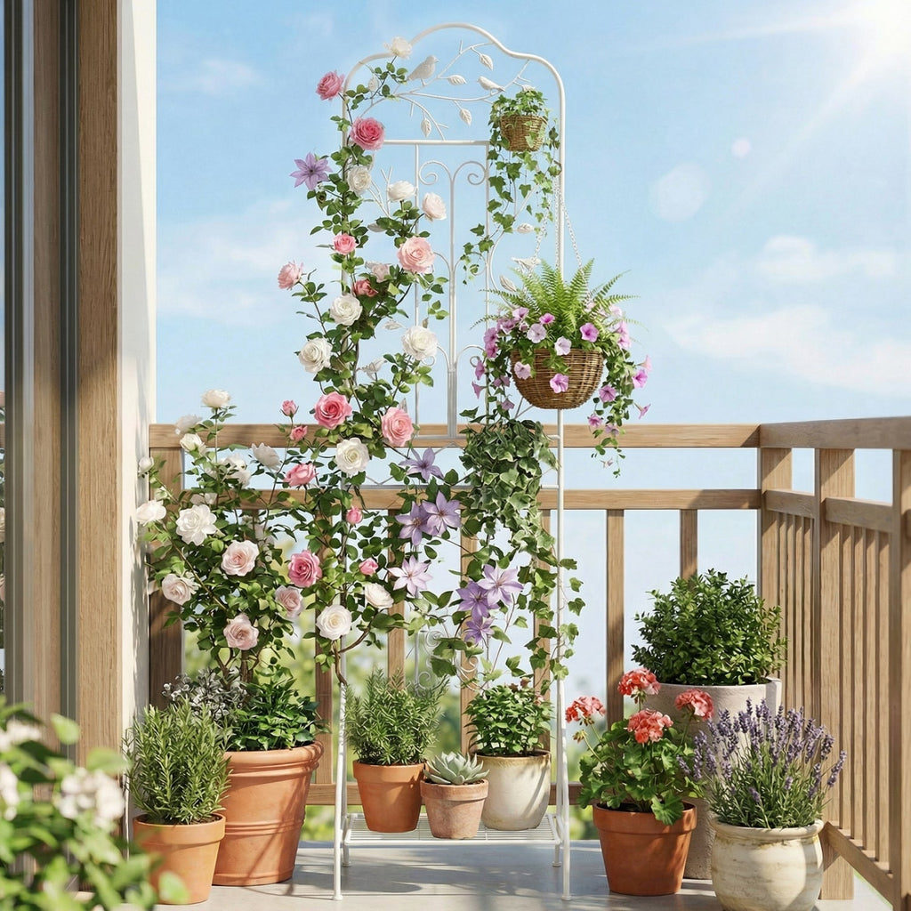 Metal Garden Trellis with Foldable Shelf 75 x 20 Inch