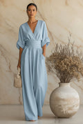 Women's V-Neck Wide-Leg Jumpsuit – High Waist Pleated Elegant