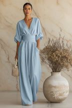 Women's V-Neck Wide-Leg Jumpsuit – High Waist Pleated Elegant