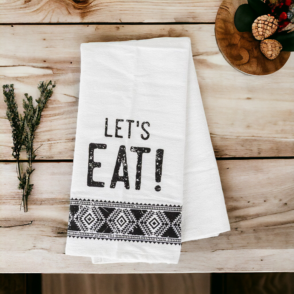 Jacquard Black White Aztec Tea Towel 24 x 17 Kitchen Hand Towel Lets Eat Festive Cotton