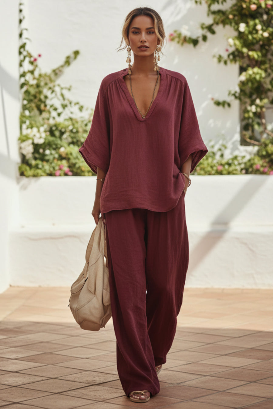 Women's V-Neck Loose Short-Sleeve Top & Pants Two-Piece Set