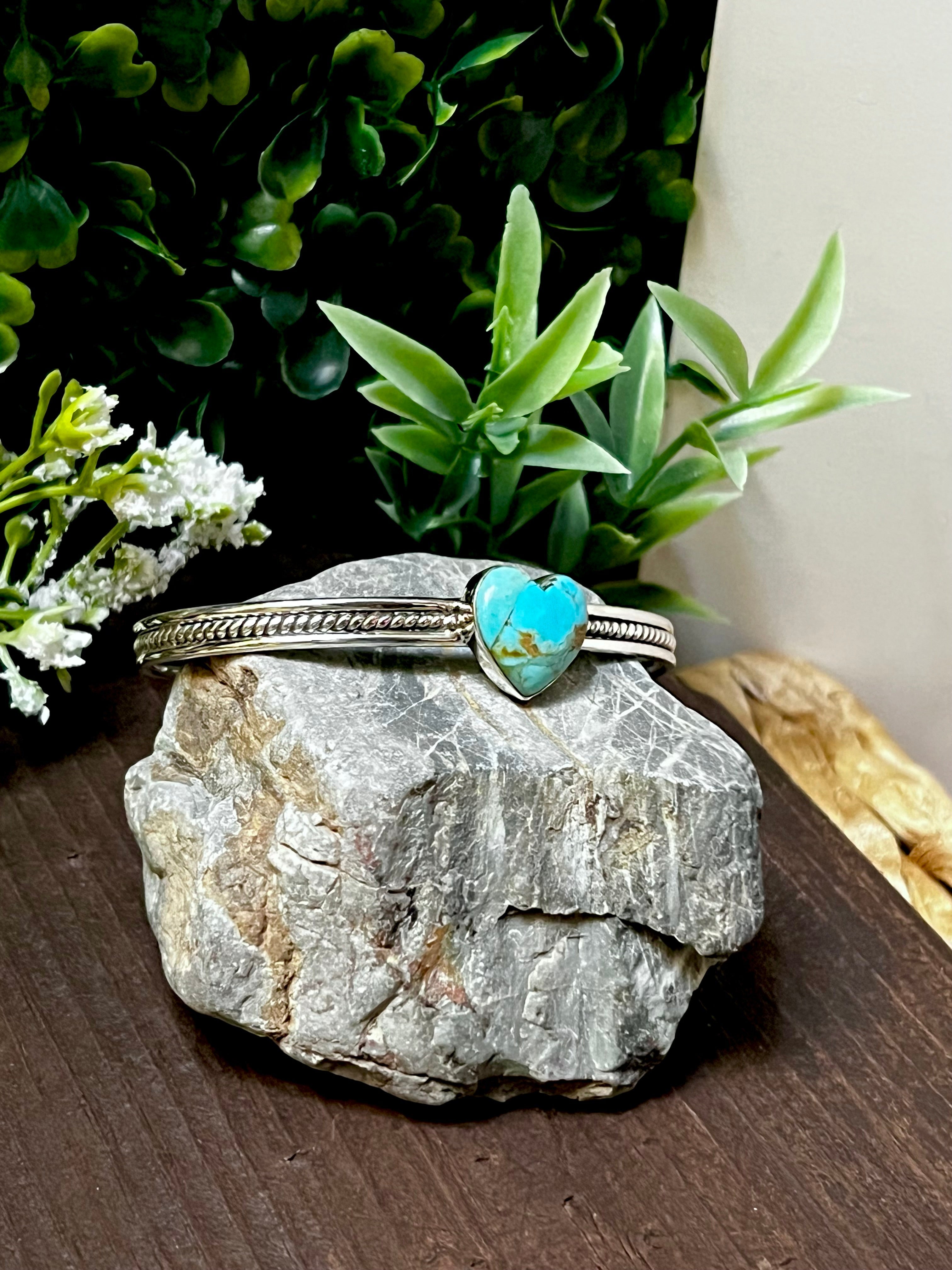 Handmade Sonoran Mountain Turquoise Heart & Sterling Silver Cuff Bracelet