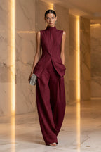 Women's Stand Collar Longline Vest Top & Wide-Leg Trousers Two-Piece Set