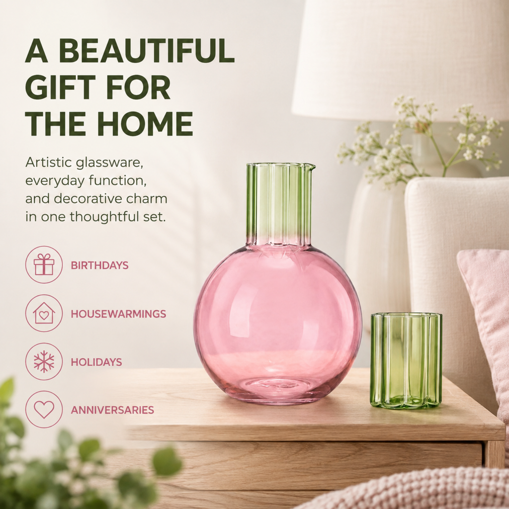 Colorful Carafe & Ribbed Flower Cup Set | 44oz Glasses