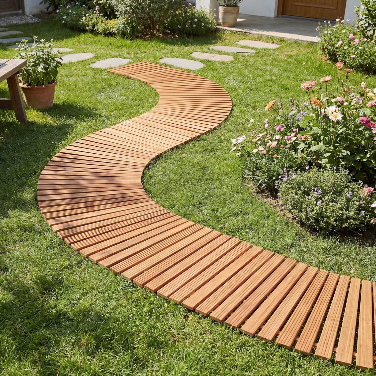 7 FT Wooden Garden Pathway with Anti-slip Surface for Gardens Patios
