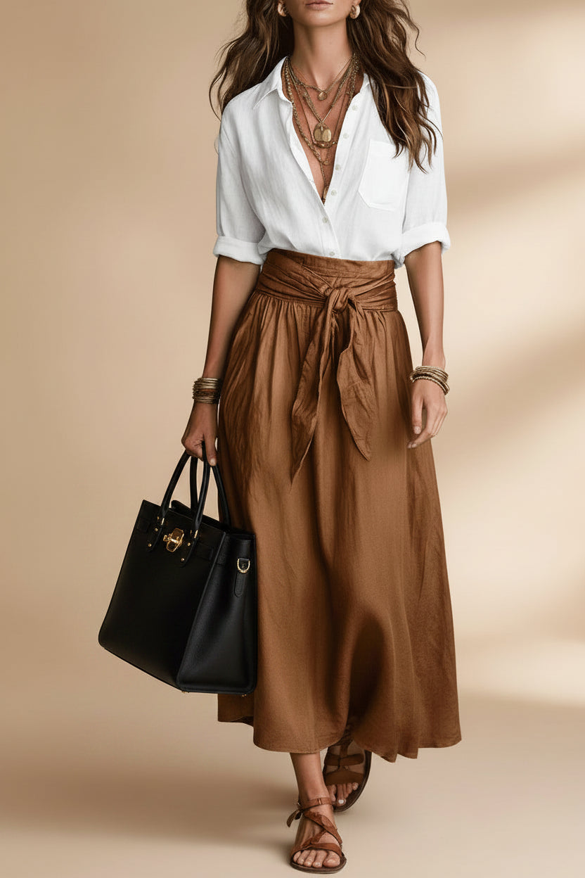Button-Down Shirt & High-Waist Tie Skirt Two-Piece Set