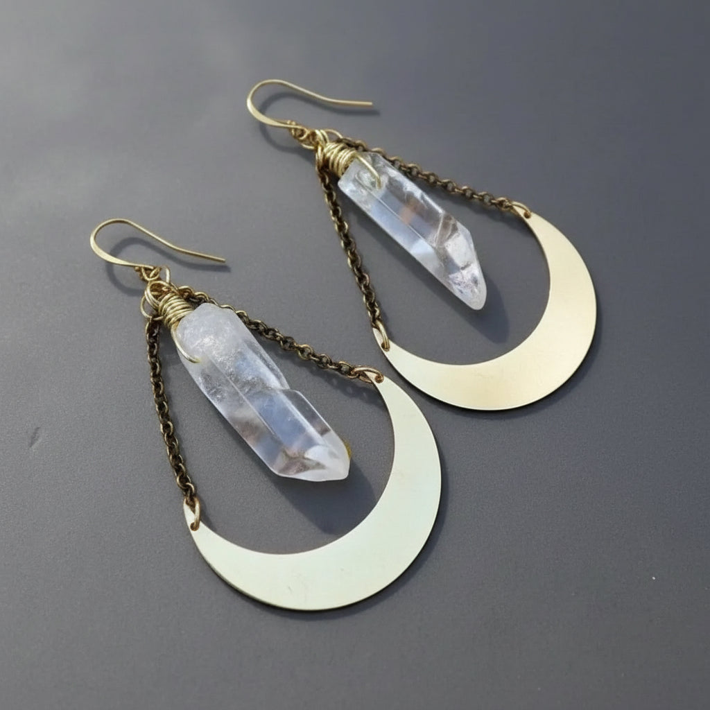 Quartz Point Earrings — Handcrafted Brass Talisman for Clarity and Calm