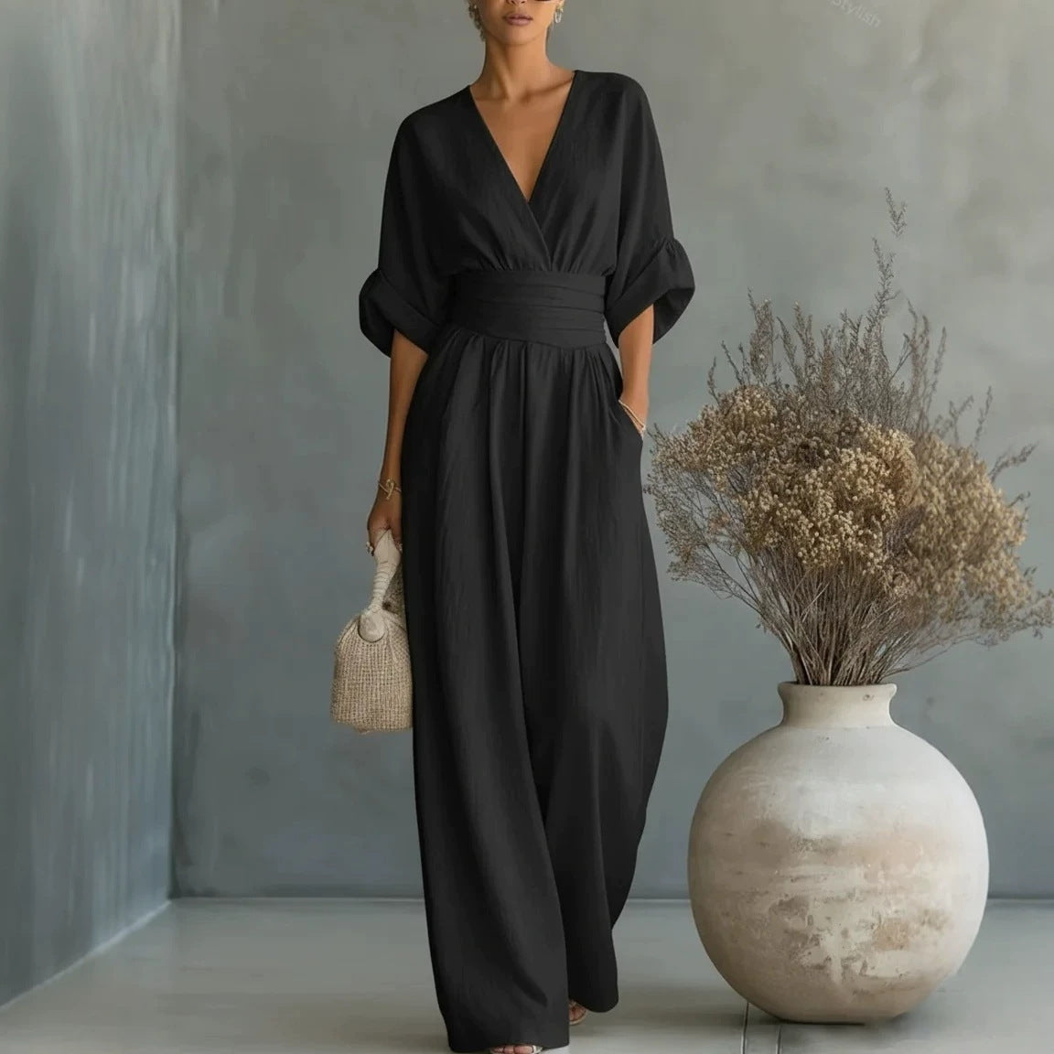 Women's V-Neck Wide-Leg Jumpsuit – High Waist Pleated Elegant