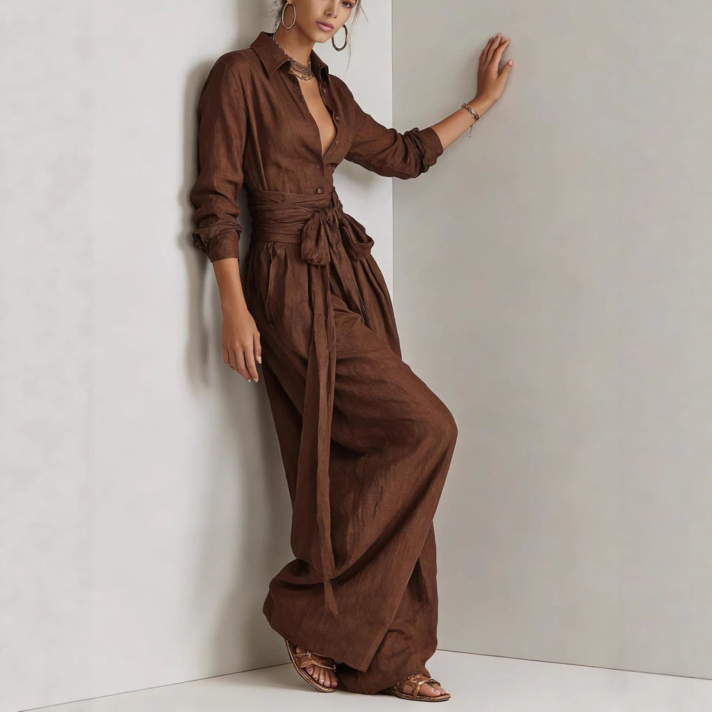 Women's Linen Long Sleeve Shirt & High-Waist Wide-Leg Pants Set with Tie Belt