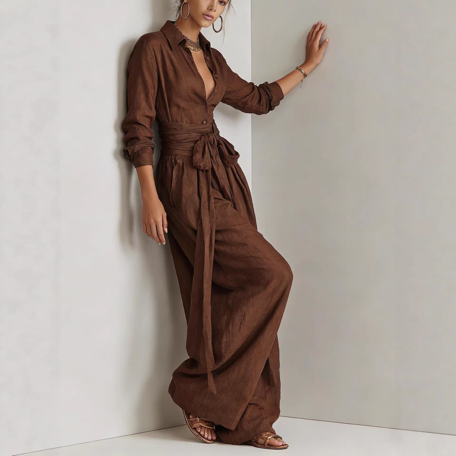 Women's Linen Long Sleeve Shirt & High-Waist Wide-Leg Pants Set with Tie Belt