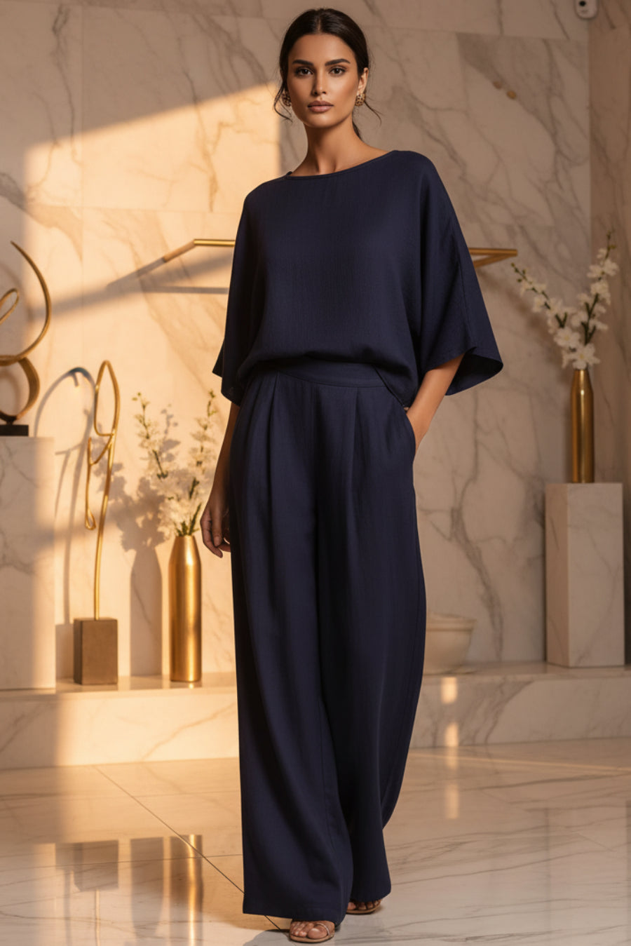 Women's Batwing-Sleeve Top & Wide-Leg Pleated Trousers Two-Piece Set