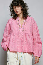 POL Eyelet Lace Split Neck Gathered Empire Waist Cotton Blouse