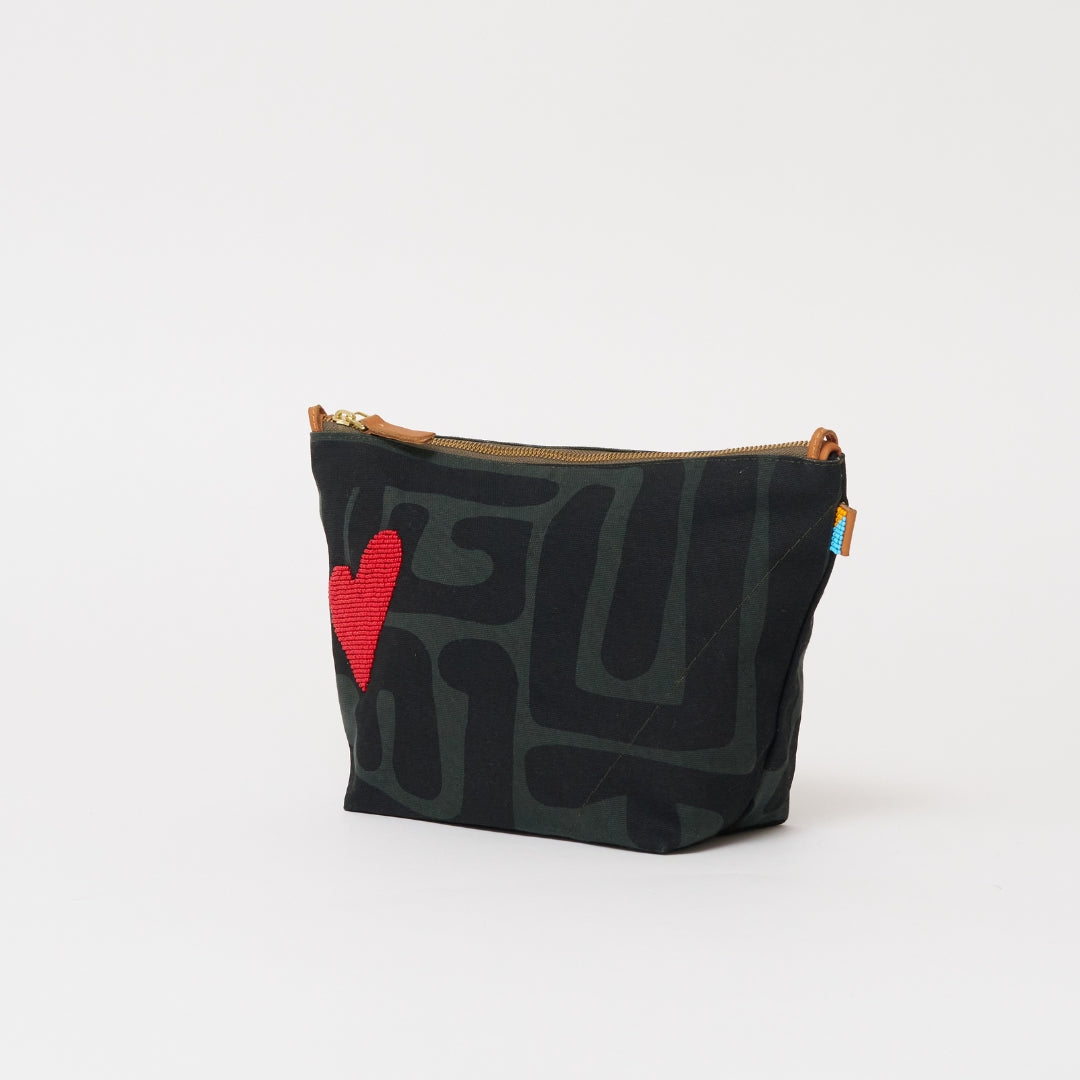 XLarge Convertible Pouch - Safari Kuba with Beaded Red Heart with Medium Leather Strap