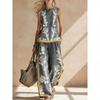 Printed Retro Sleeveless Top & Wide-Leg Pants Set | 12 Prints S–5XL