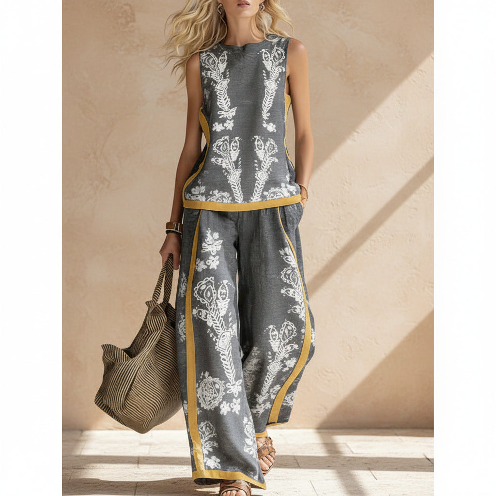 Printed Retro Sleeveless Top & Wide-Leg Pants Set | 12 Prints S–5XL