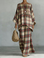 Floral Print Bamboo Linen Two-Piece Set with Wide-Leg Pants