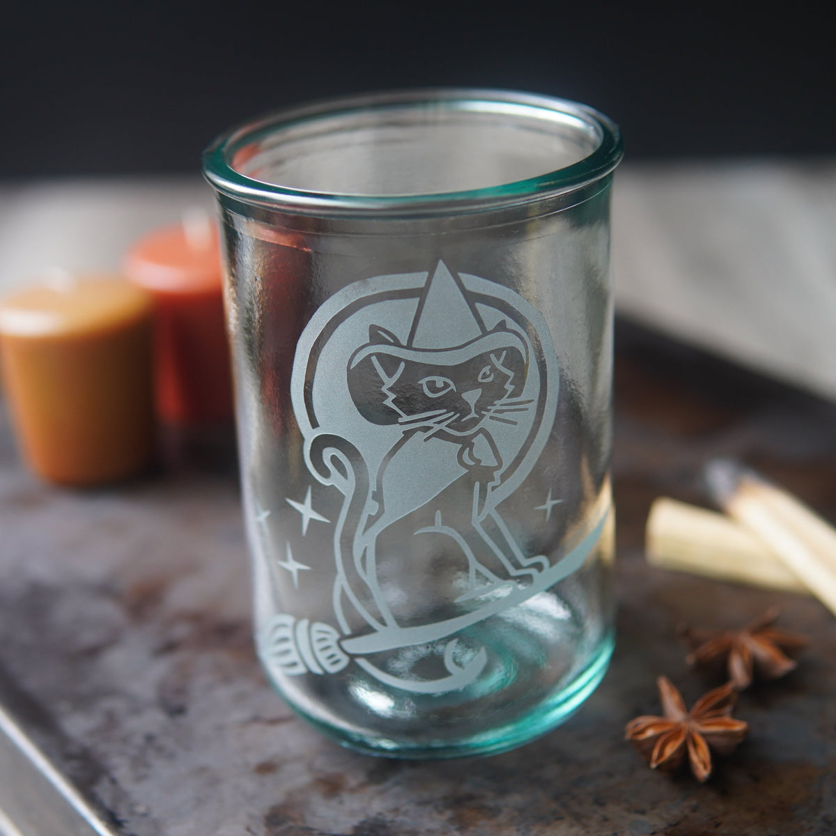 Witch Cat Rustic Recycled Glass Candle Cup