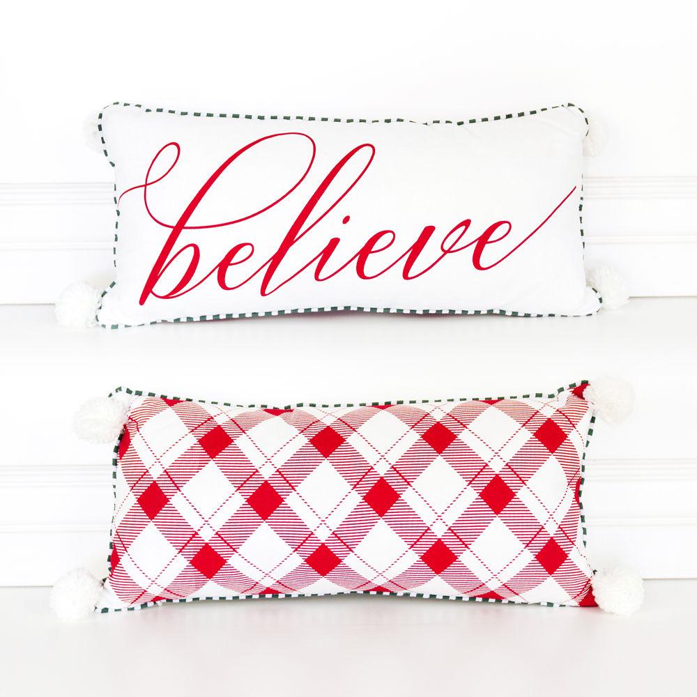 Large Red Christmas Throw Pillow Believe Holiday Decorative Pillow Red White Premium