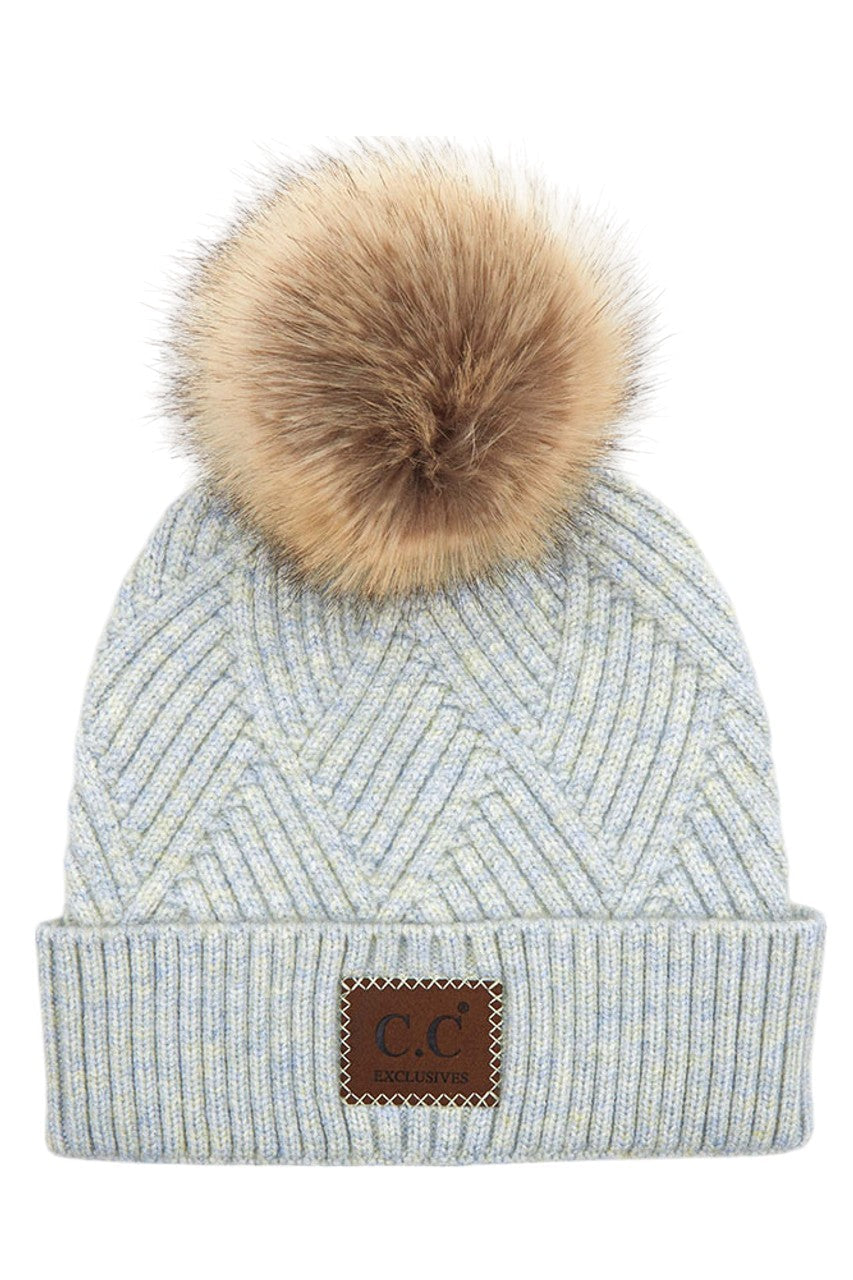 C.C Women's Heather Beanie Hat With Pom And Suede Patch