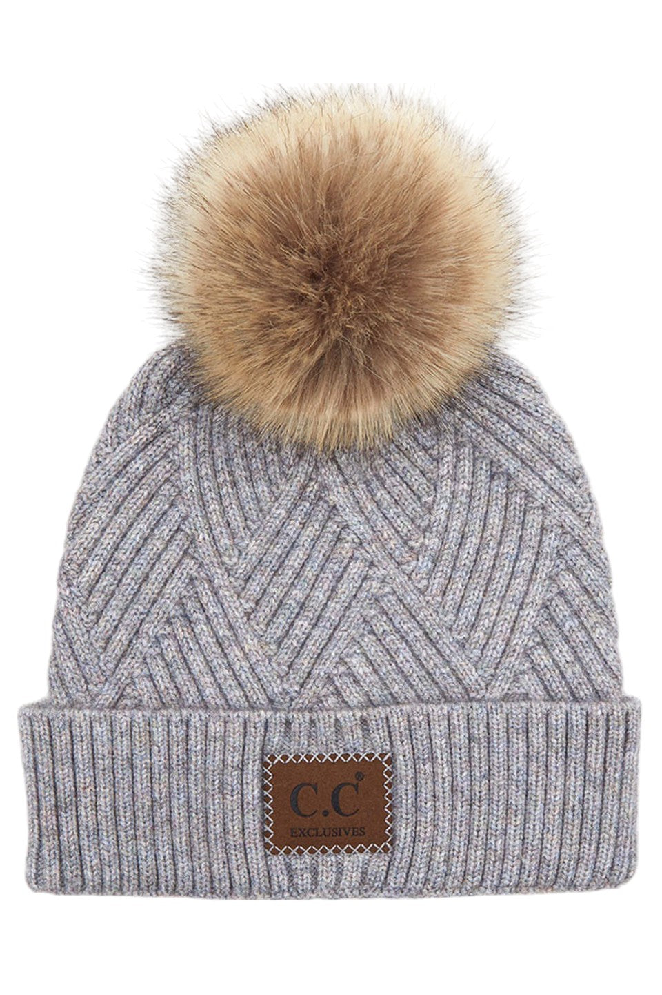 C.C Women's Heather Beanie Hat With Pom And Suede Patch