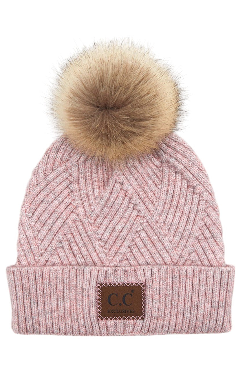 C.C Women's Heather Beanie Hat With Pom And Suede Patch