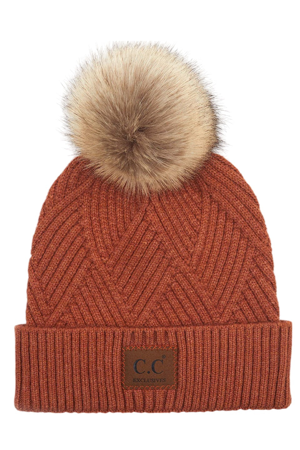 C.C Women's Heather Beanie Hat With Pom And Suede Patch