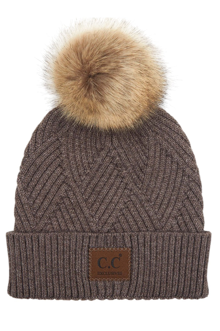 C.C Women's Heather Beanie Hat With Pom And Suede Patch