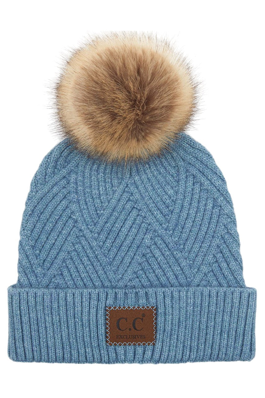 C.C Women's Heather Beanie Hat With Pom And Suede Patch