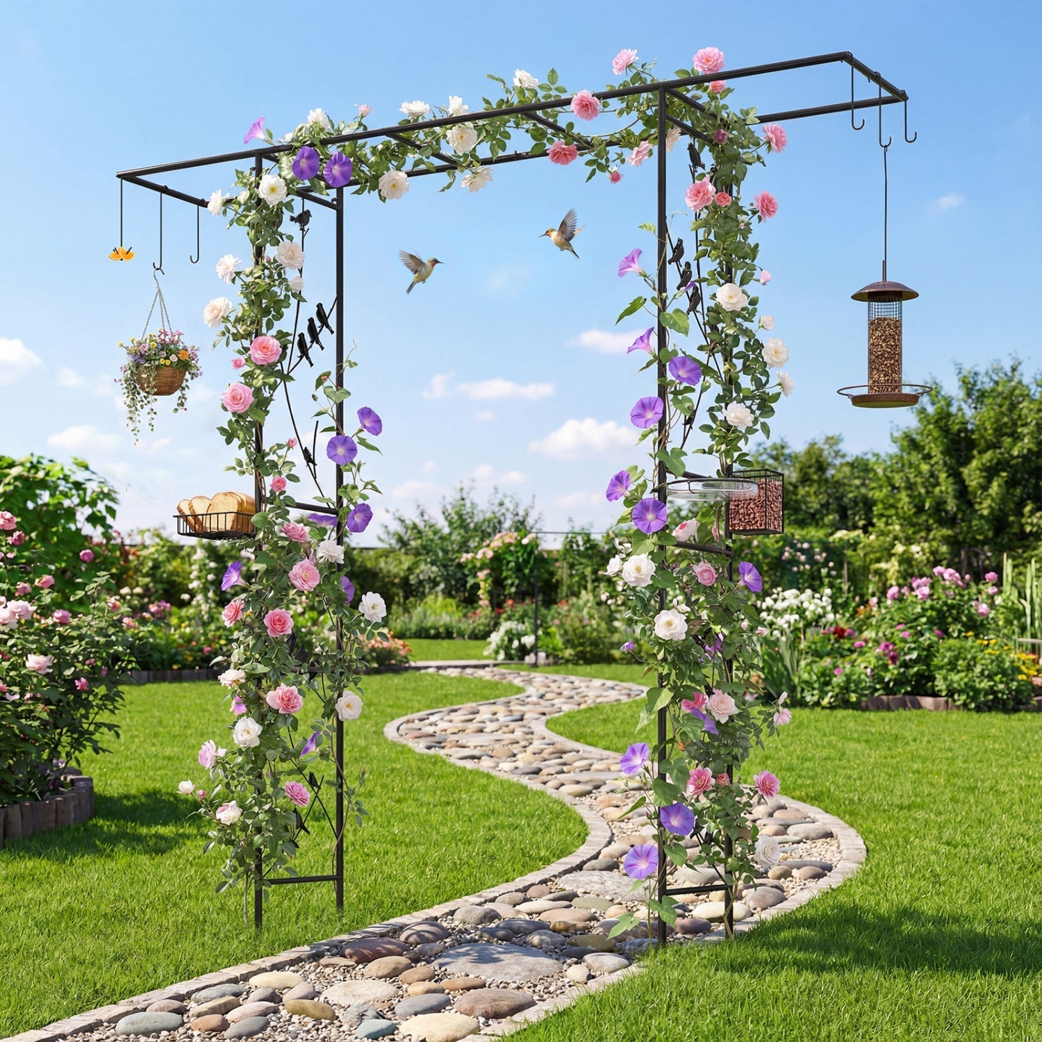 Garden Arbor with Bird Feeding Station 84 Inch Black