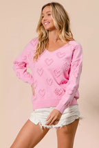 BiBi Valentines Heart Pompom V Neck Knit Top