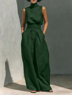 Women's Linen-Blend High-Neck Sleeveless Top & Wide-Leg Pants Set