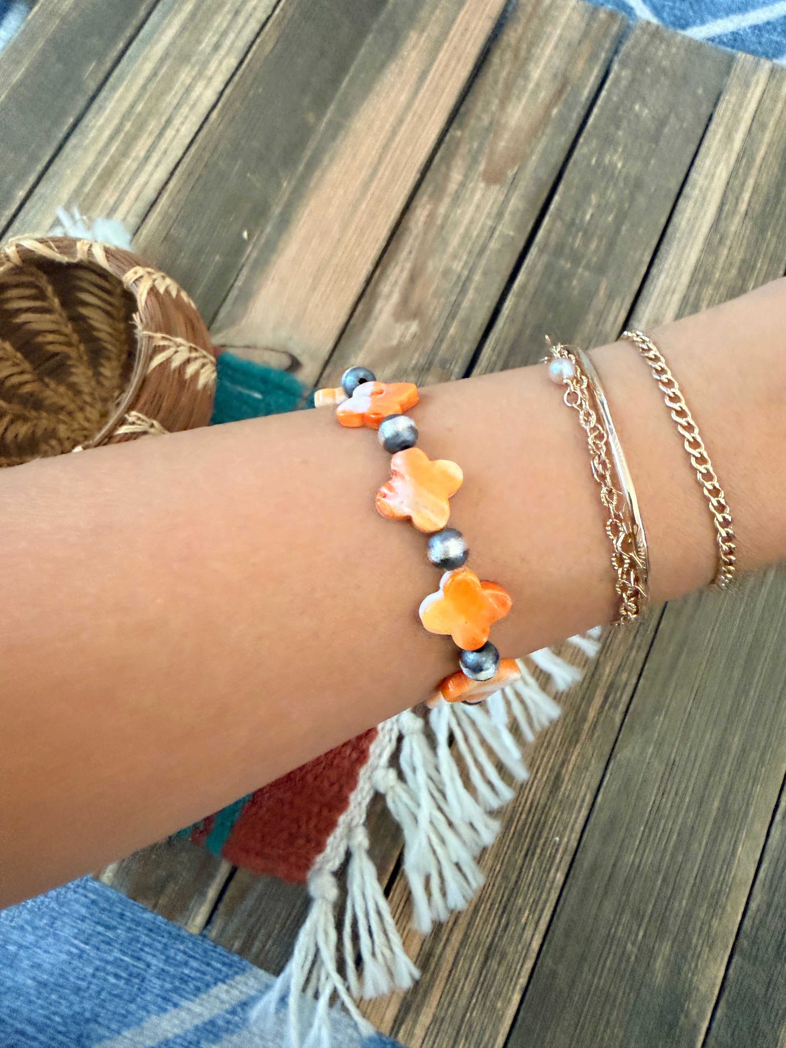 Handcrafted Spiny Oyster & Sterling Silver Pearl Cross Beaded Stretch Bracelet