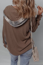 Plaid Patchwork Button-Up Drawstring Hooded Shacket