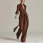 Women's Linen Long Sleeve Shirt & High-Waist Wide-Leg Pants Set with Tie Belt