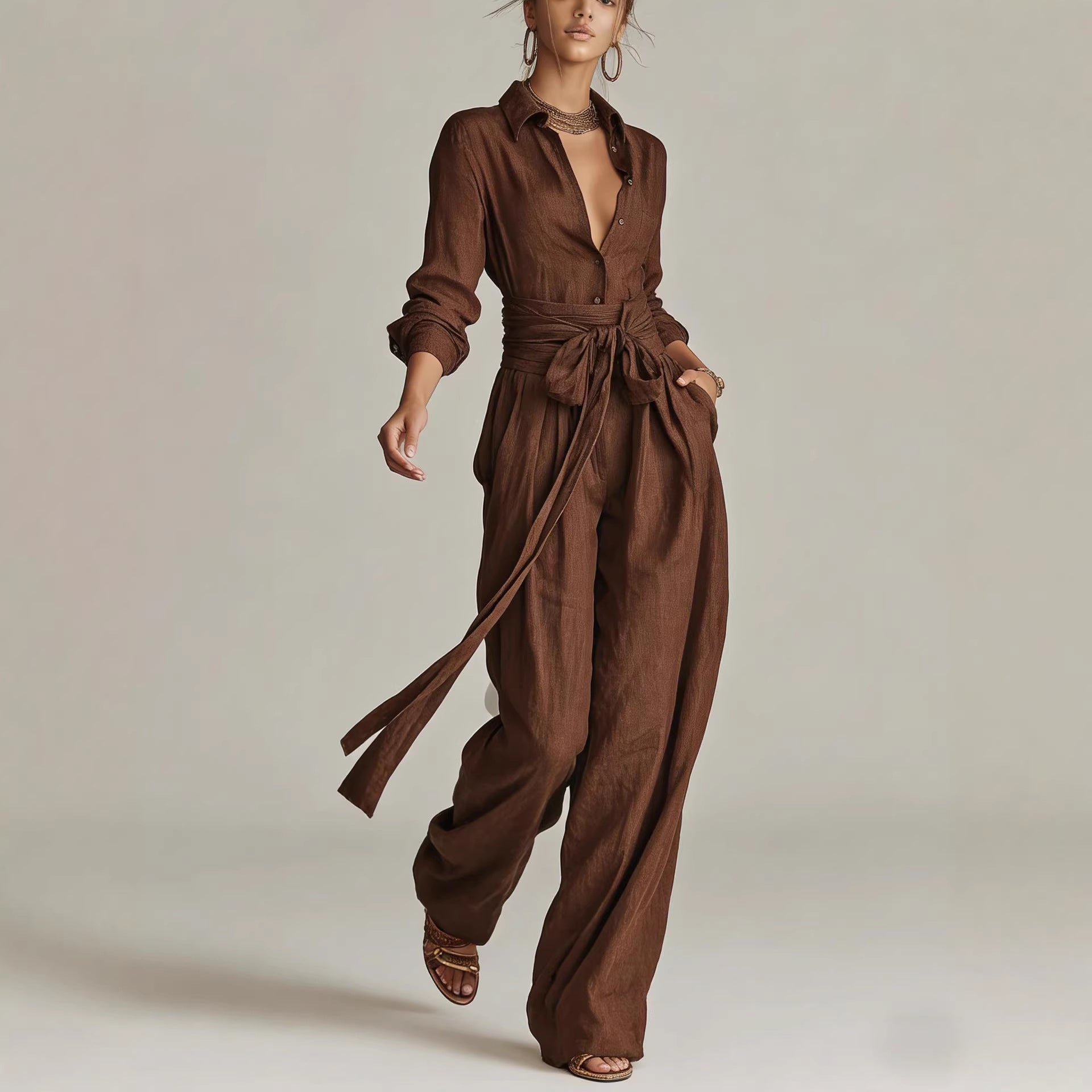 Women's Linen Long Sleeve Shirt & High-Waist Wide-Leg Pants Set with Tie Belt