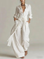 Women's Linen Long Sleeve Shirt & High-Waist Wide-Leg Pants Set with Tie Belt