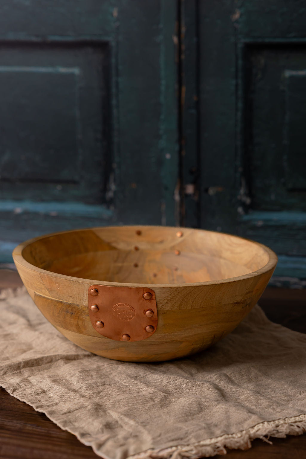 Vintage Inspired Wooden Serving Bowl with Handmade Copper Details