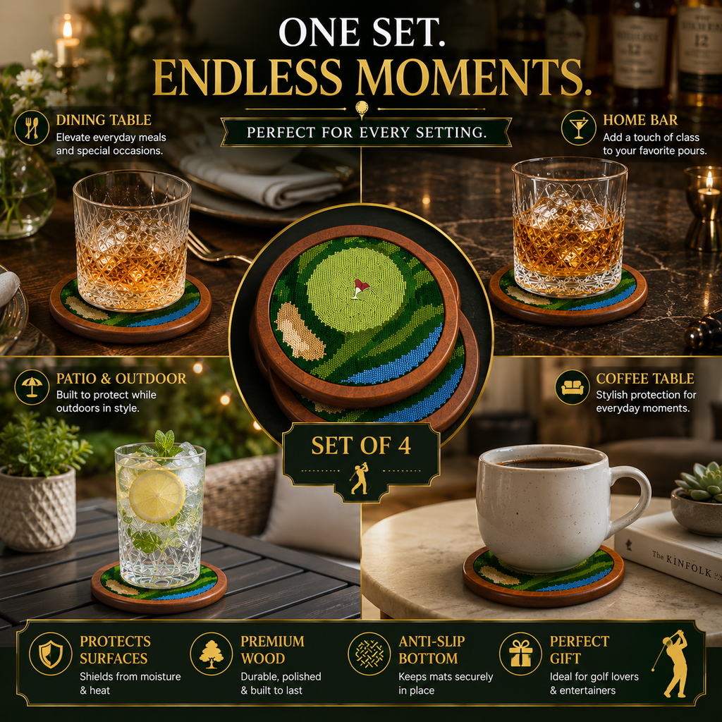 Golf Coasters, Durable Wooden Drink Coasters with Holder