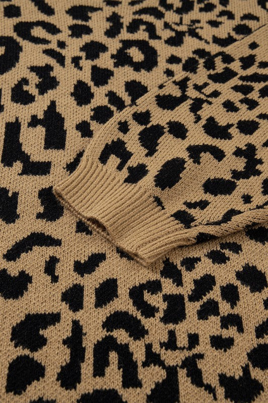 Leopard Ribbed Trim Crewneck Drop Shoulder Sweater