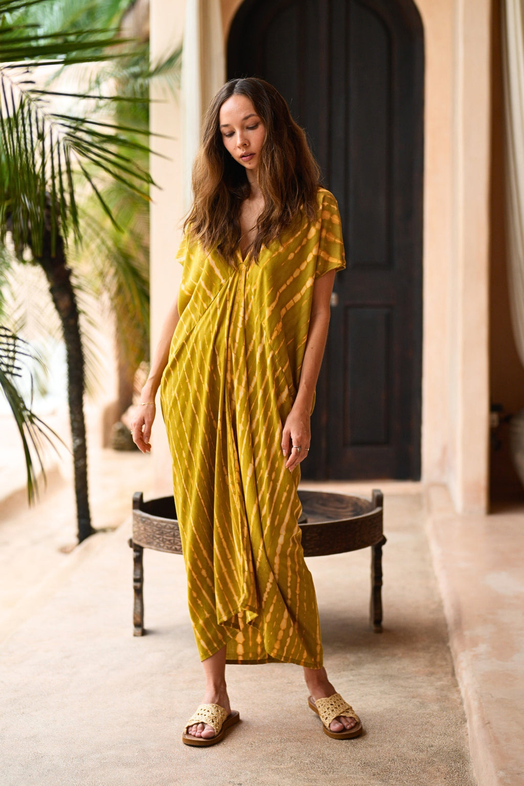Madella Hand Dyed Kaftan Dress in Lemongrass