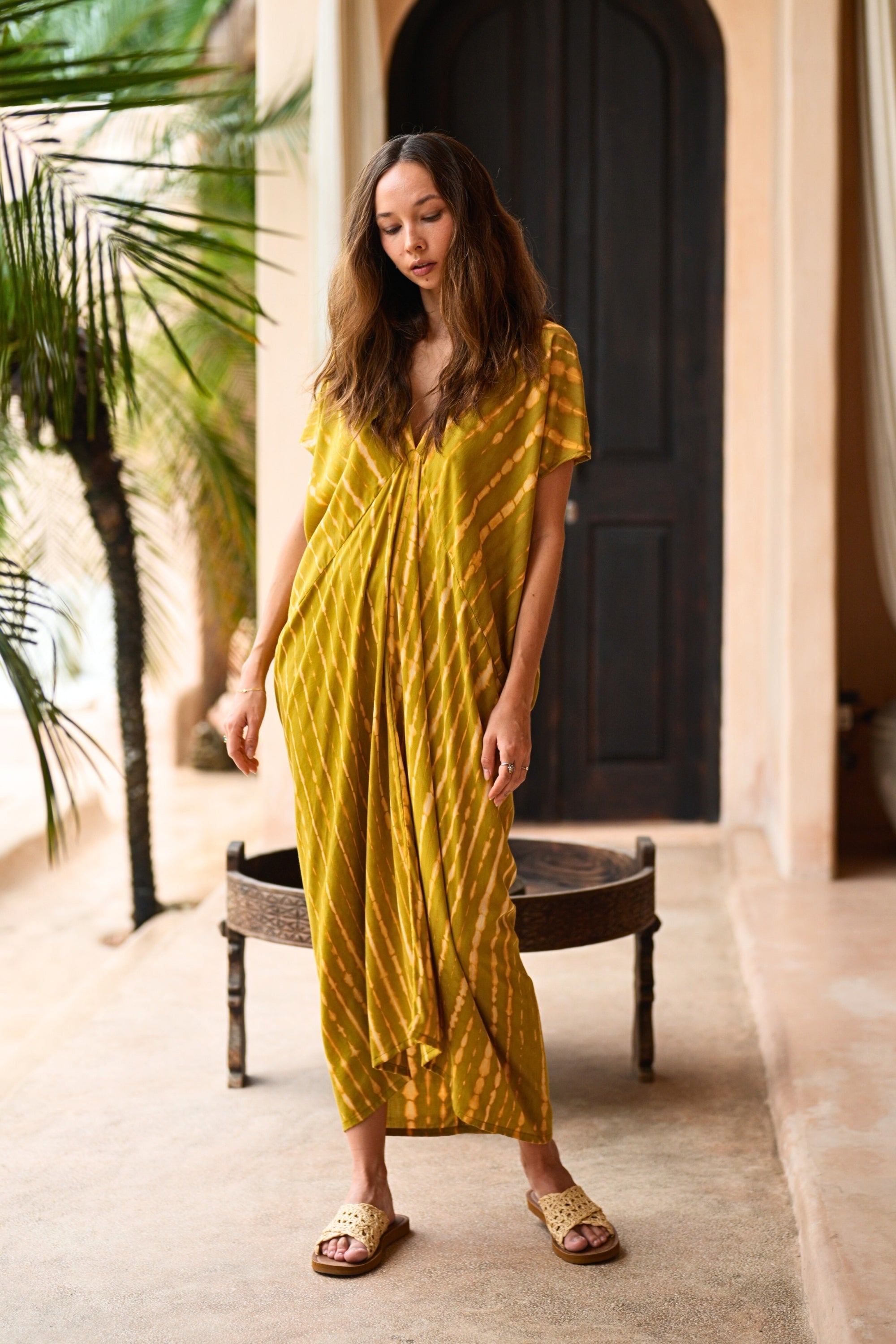 Madella Hand Dyed Kaftan Dress in Lemongrass